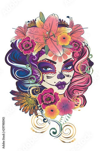 Sugar skull witch woman in flower crown portrait