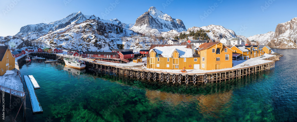 Little village Nusfjord on Lofoten islands during a sunny winter day