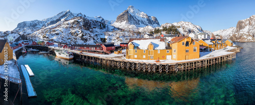 Little village Nusfjord on Lofoten islands during a sunny winter day photo