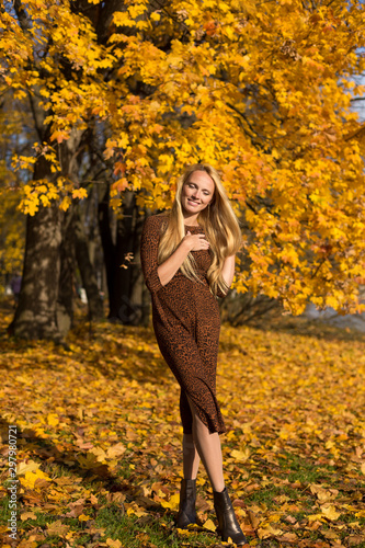 Obraz na płótnie Model at autumn in park w salonie