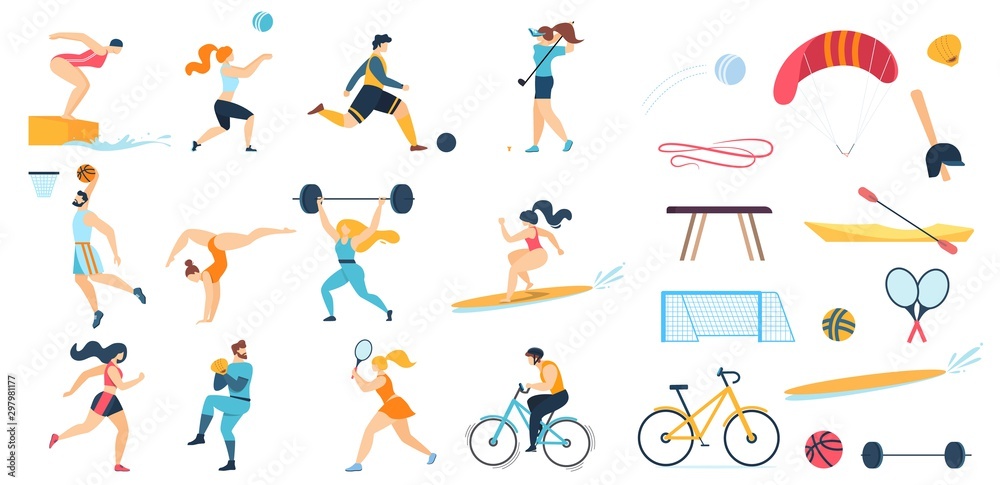 Sportive People Characters Set and Sport Equipment