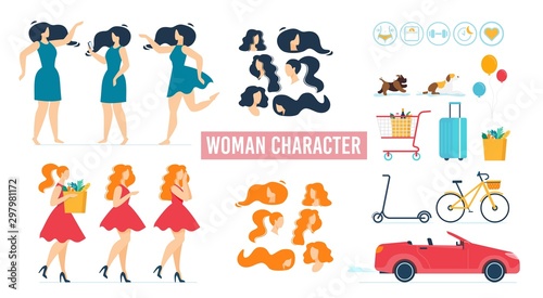 Cartoon Woman Character in Dress Animated Set