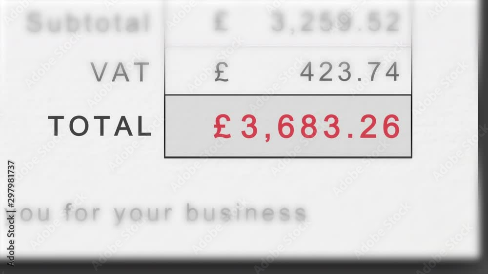 Static animation of a growing invoice total in British Pounds with VAT. Total costs animate ever higher. Total in red. Static animation of a growing invoice total in British Pounds with VAT. Total costs animate ever higher. Total in red.