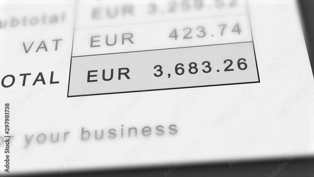Close up animation of growing invoice total in euros - stylized as EUR. Includes VAT. Costs grow infinitely. Close up animation of growing invoice total in euros - stylized as EUR. Includes VAT. Costs grow infinitely.