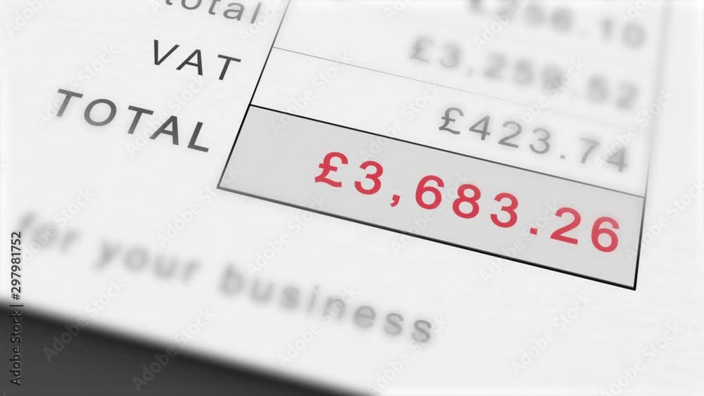 Animated growing invoice total in British Pounds - including VAT. Costs grow infinitely. Total in red.