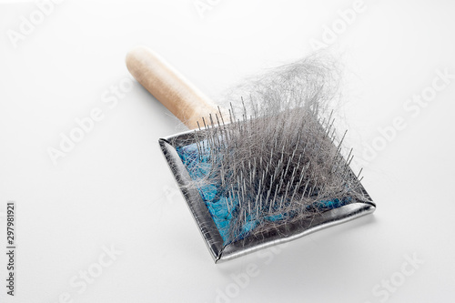 Soft Slicker Brush with Pet Hair Collected After Grooming Session Isolated on White Background.