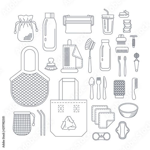 Zero waste eco friendly utensils thin line icons