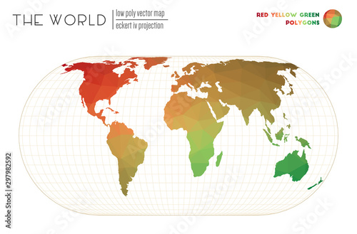 Triangular mesh of the world. Eckert IV projection of the world. Red Yellow Green colored polygons. Neat vector illustration.