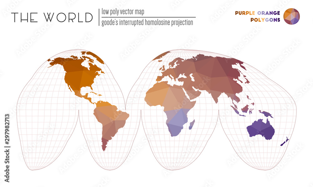 Goode S Interrupted Homolosine Projection World Map In Polygonal Style. Goode's Interrupted Homolosine Projection Of  The World. Purple Orange Colored Polygons. Contemporary Vector  Illustration. Stock Vector | Adobe Stock