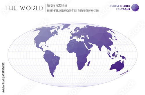 Triangular mesh of the world. Equal-area  pseudocylindrical Mollweide projection of the world. Purple Shades colored polygons. Trending vector illustration.