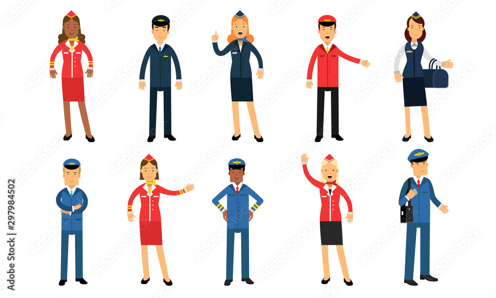 Service Staff. Flight Attendants And Pilots In Various Poses And Uniforms Vector Illustration Set Isolated On White Background