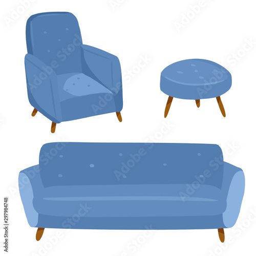 Stylish scandic living room interior - sofa and armchair. Home lagom decorations. Cozy season. Modern comfy apartment furnished in hygge style. Vector illustration
