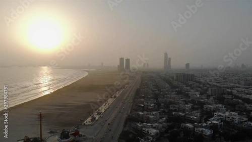 Front View Of Karach Beach And City In The Evening- Tilt Up 