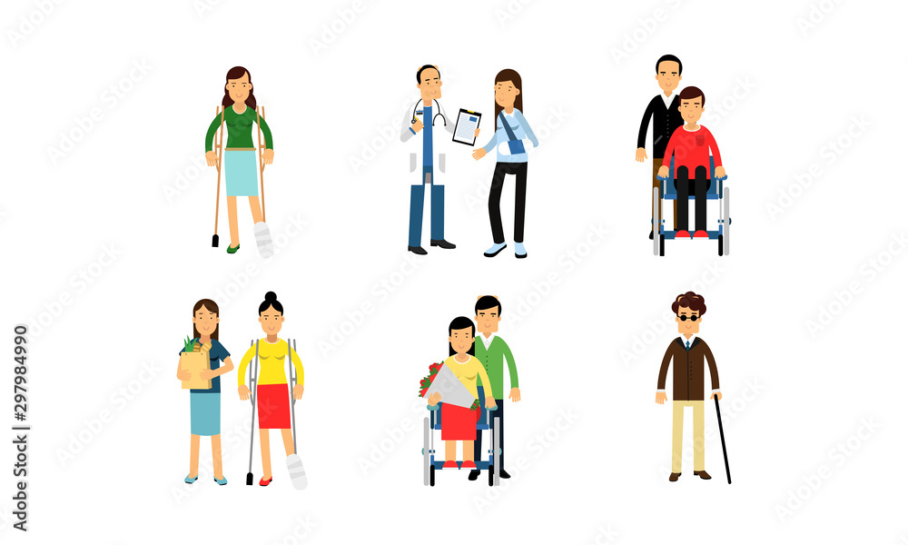 Physically Handicapped Characters With Doctors Or Friends In Daily Life Vector Illustration Set Isolated On White Background