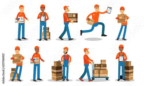 Delivery Service Workers Pick Up Orders From The Warehouse And Bring It To Customers Vector Illustration Set Isolated On White Background