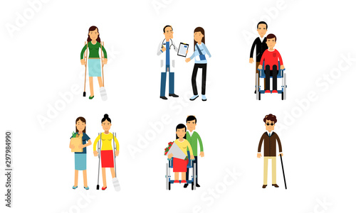 Physically Handicapped Characters With Doctors Or Friends In Daily Life Vector Illustration Set Isolated On White Background