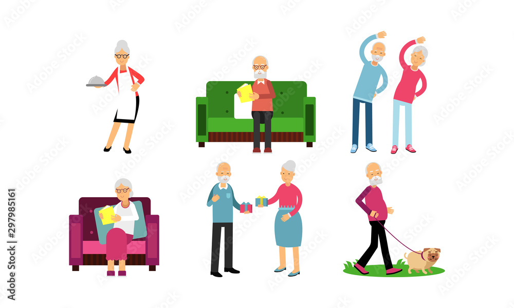 Retired Active Life In Different Actions Vector Illustration Set Isolated On White Background Retired Active Life In Different Actions Vector Illustration Set Isolated On White Background