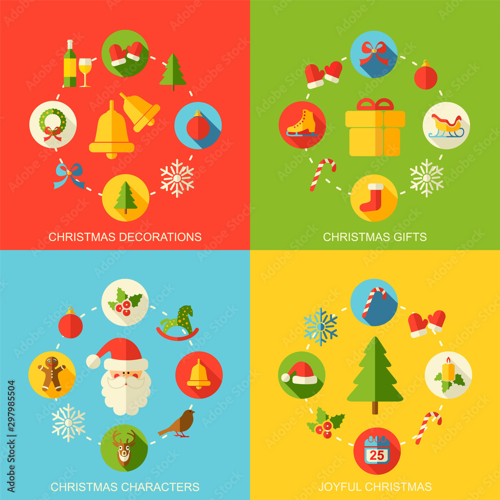 Vector Christmas square backgrounds collection. Christmas patterns set with colorful flat icons and place for text.