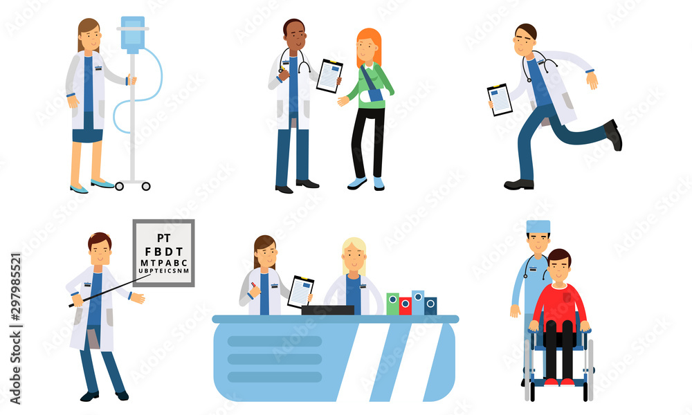 Hospital Daily Routine With Ophthalmological Tests, Reception, Dropper With Saline And Other Actions In Vector Illustration Set Isolated On White Background
