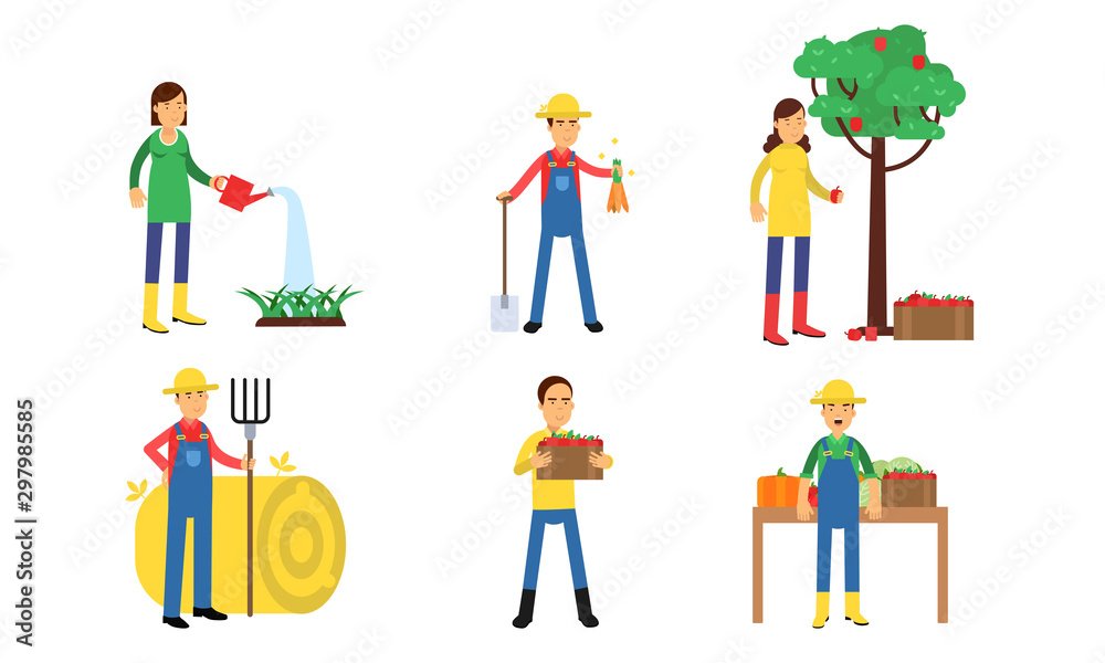 Characters Of Men And Women Are Working On A Farm Or In A Vegetable Garden In Agricultural Concept Illustration Set