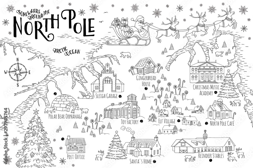 Fantasy map of the North Pole, showing the home and toy factory of Santa Claus, reindeer stables, elf village etc. - vintage Christmas greeting card template