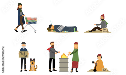 Various Actions Of Poor And Homeless Characters On The Street Vector Illustration Set Isolated On White Background
