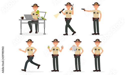 Daily Actions Of Sheriff In Police Department Routine Vector Illustration Set Isolated On White Background