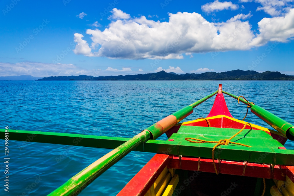 The prow of a banca boat while island hopping in the municipality of Caramoan, Camarines Sur Province, Luzon in the Philippines. Region for many Survivor TV shows filming.