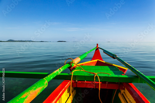 The prow of a banca boat on the calm waters of the cotivas island  Caramoan  Camarines Sur Province  Luzon  Philippines. Region for many Survivor TV shows filming.
