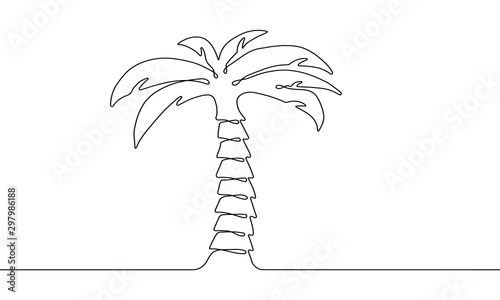 Single palm tree drawing in style of one continuous line black color. Self drawing