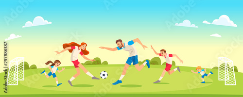 Family Playing Soccer In Park Together. Concept Parenthood child-rearing. Vector illustration.