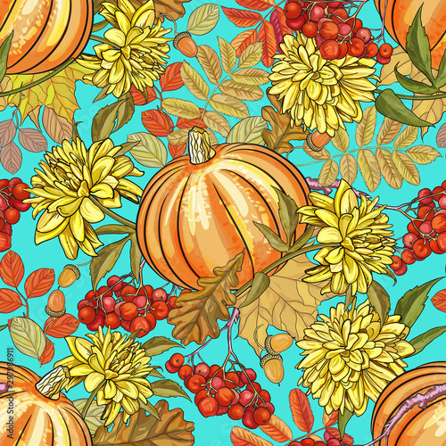 Seamless background, wreath, bouquets of autumn leaves, maple, oak, Rowan berries, pumpkins and chrysanthemums. Suitable for greeting cards, harvest festival, thanksgiving, birthday, wedding, sale