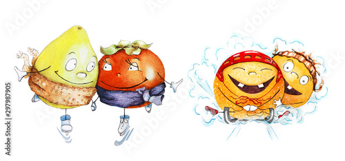 Winter sports. Characters oranges sledding, characters lemon and persimmons skating. Humorous watercolor set.