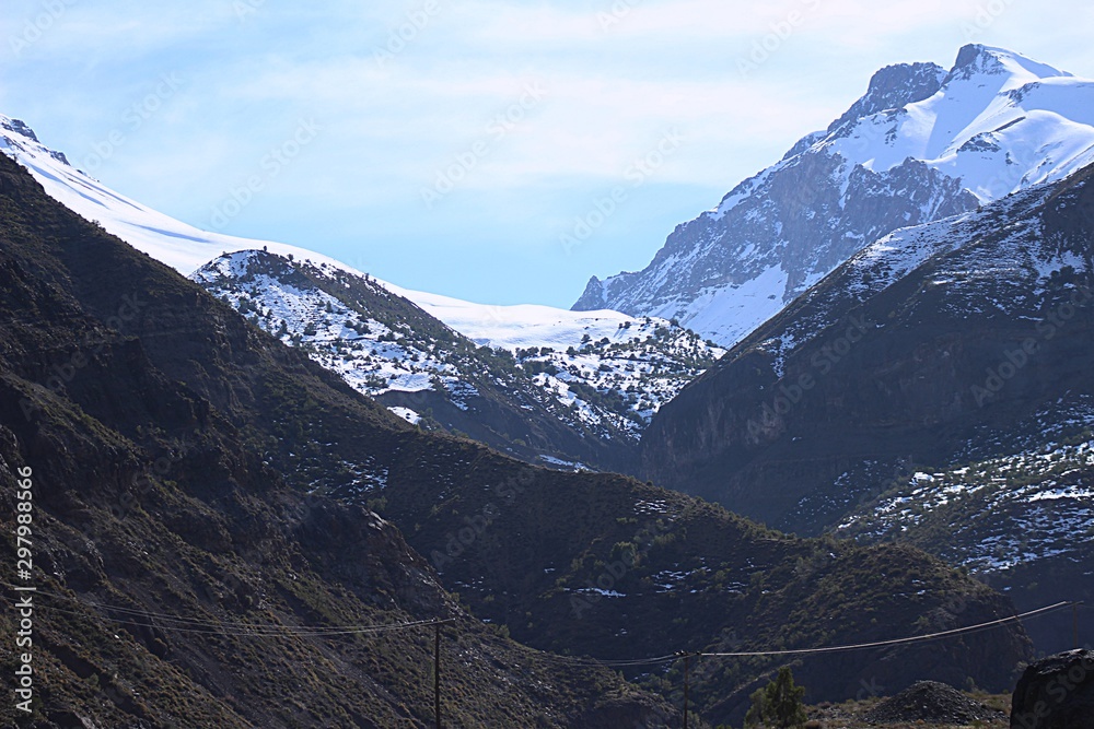 high snowy mountains in a valley of the Andes mountain range in Chile