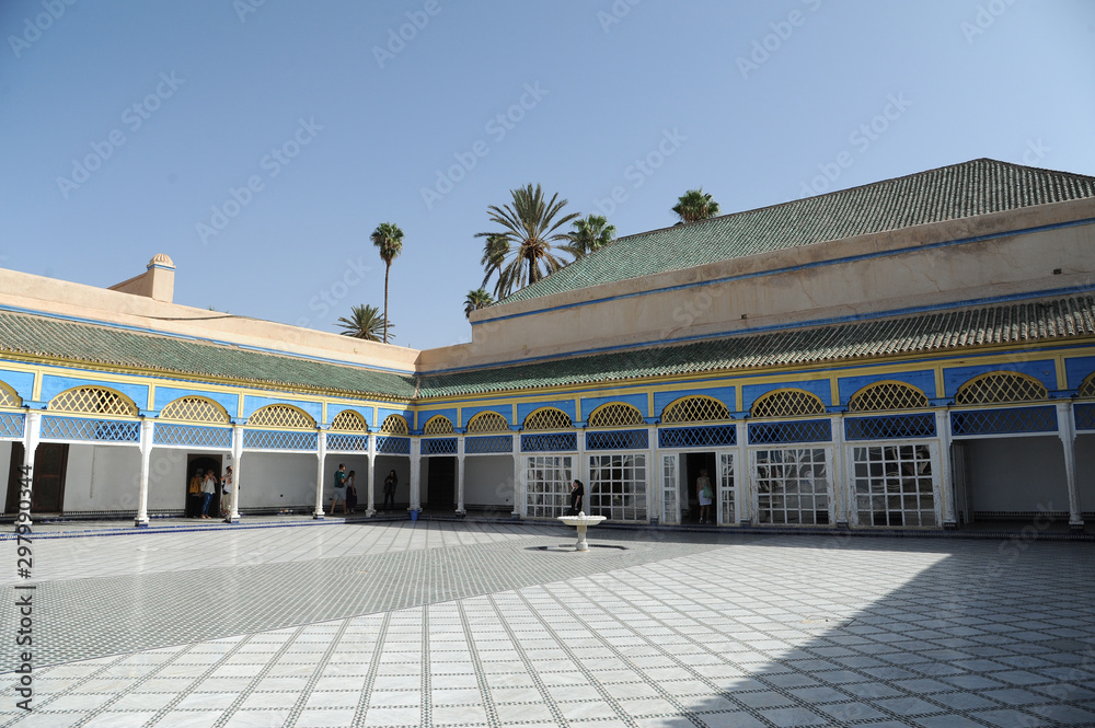 Marrakech, Morocco - October, 2019: Beautiful tiles details and fountain in Bahia Palace courtyard, Marrakech, Morocco.