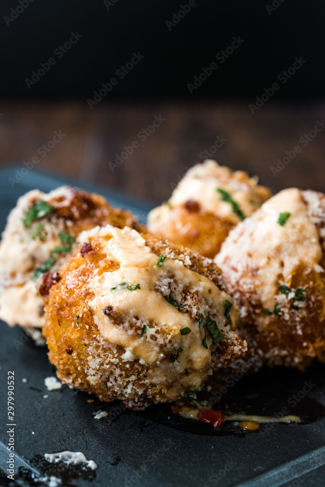 Fried Mac and Cheese Balls with Parmesan Cheese and Mayonnaise / Macaroni Bites. Fried Mac and Cheese Balls with Parmesan Cheese and Mayonnaise / Macaroni Bites.