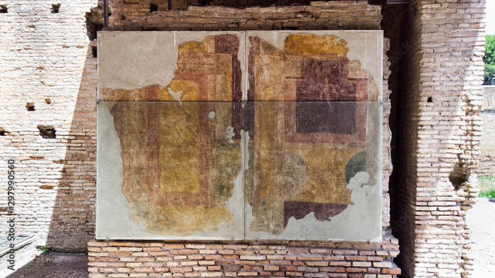 Naklejka premium Wall paintings of a room in the House of Diana in the Roman empire archaeological excavations in Ostia Antica, Rome Italy