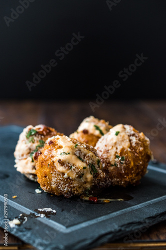 Fried Mac and Cheese Balls with Parmesan Cheese and Mayonnaise   Macaroni Bites.