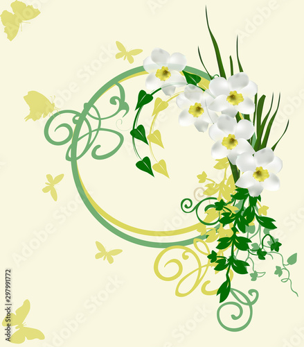 narcissus floweres and yellow butterfies design