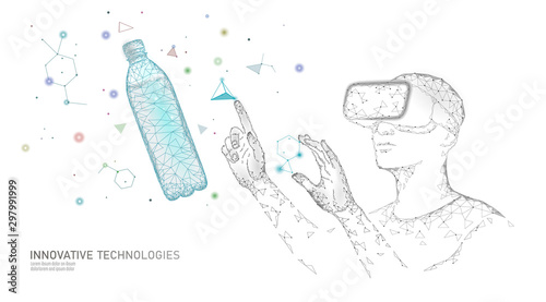 Water bottle quality test science engineering concept. Lab control research analysis innovation technology low poly. Virtual reality chemistry clean water medical experiment vector illustration