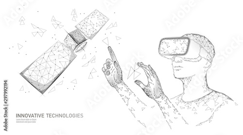 Telecommunication defense satellite 3D in space. Orbital sputnik receiver military security virtual reality engineering. Worldwide protection tracking VR glasses vector illustration