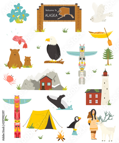 Set of Alaska colorful symbols, landmarks, animals