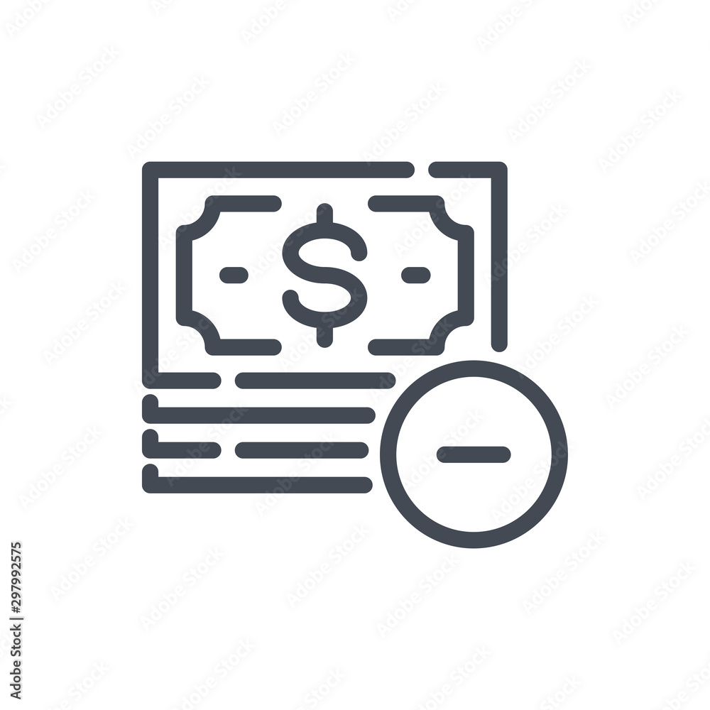 Remove money to account line icon. Dollar notes with minus button vector outline sign. Remove money to account line icon. Dollar notes with minus button vector outline sign.
