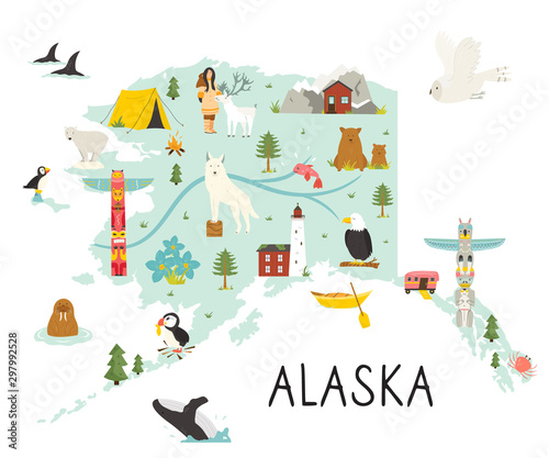 Alaska illustrated map with animals and symbols.