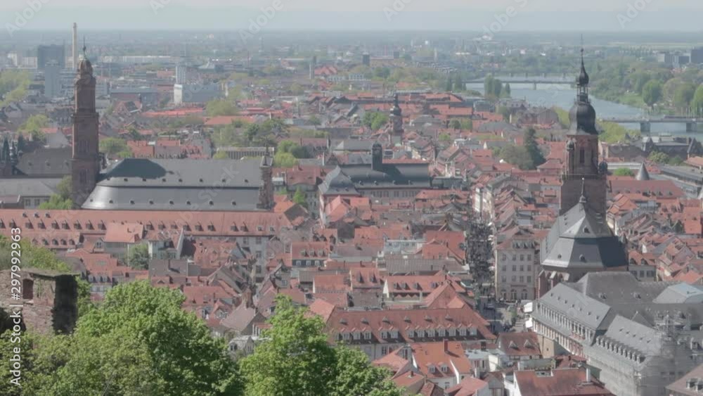 Heidelberg cityscape and Neckar river view from above on a sunny day. Static. Heidelberg cityscape and Neckar river view from above on a sunny day. Static.