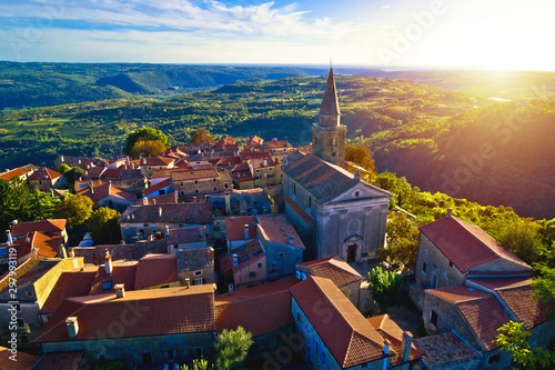 Groznjan. Ancient hill village of Groznjan at sunset aerial view