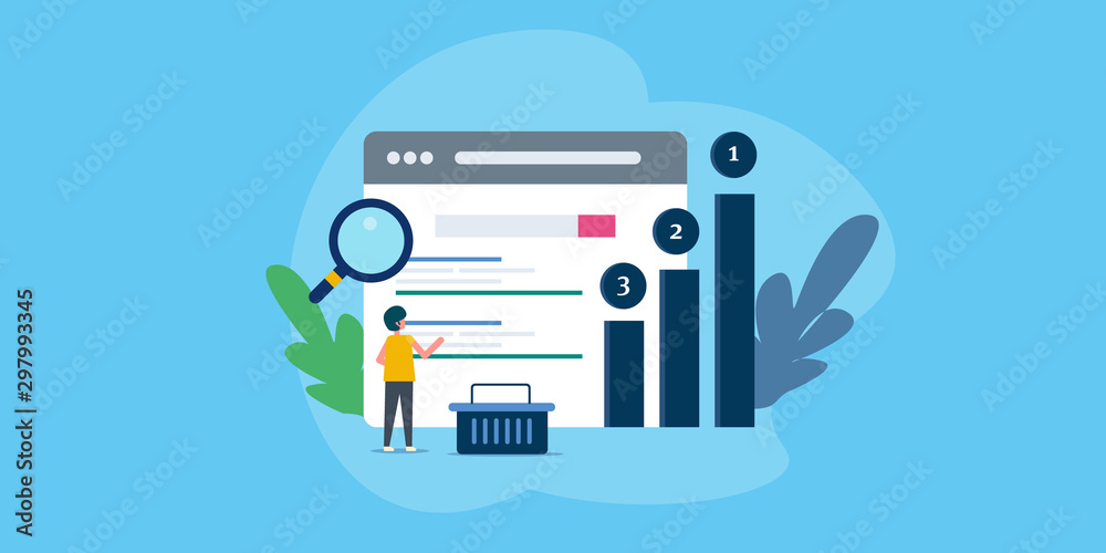 Search engine ranking, seo optimization for better search visibility, businessman analyzing website ranking. Flat design web banner. - obrazy, fototapety, plakaty 