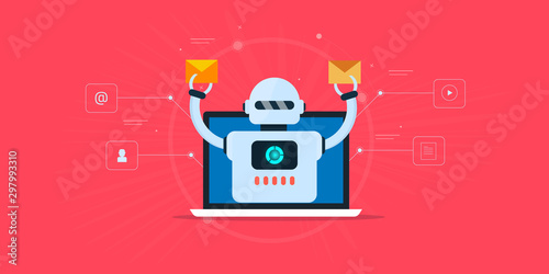 Marketing automation -email software - automated email marketing - robot - artificial intelligence concept. Flat design web banner.