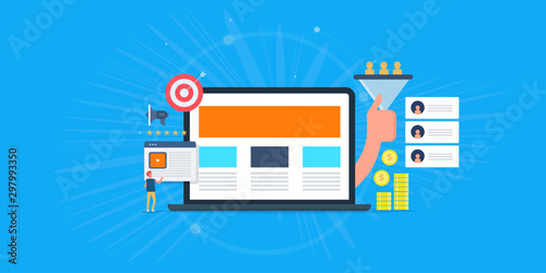 Lead generation, sales funnel, inbound marketing process to make more business revenue. Flat design web banner.