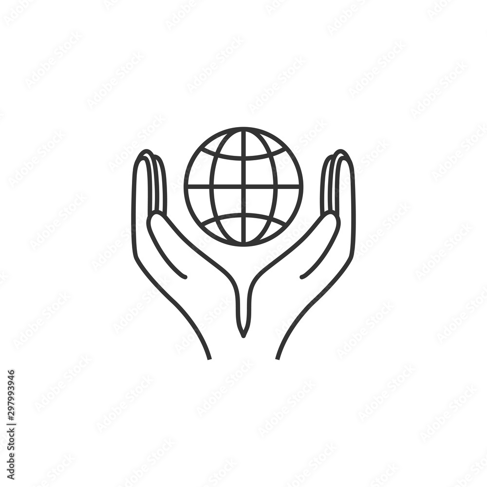 Hand with global icon. Vector illustration, flat design Hand with global icon. Vector illustration, flat design